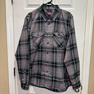 DIXXON Shreddy Flannel Shirt Men's L Blue Pink Black Shadow Plaid Long Sleeve